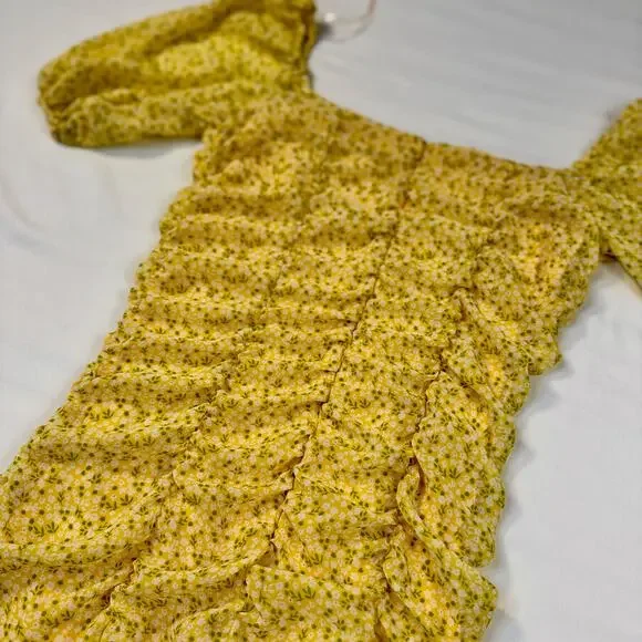 All In Favor Sasha Ruched Mini Dress Women's XS Yellow Puff Sleeve Coquette - Picture 9 of 15